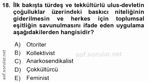 18. soru: İlk bakışta türdeş ve tekkültürlü ulus-devletin çoğulluklar üzerindeki baskıcı niteliğinin giderilmesin ve herkes içi…