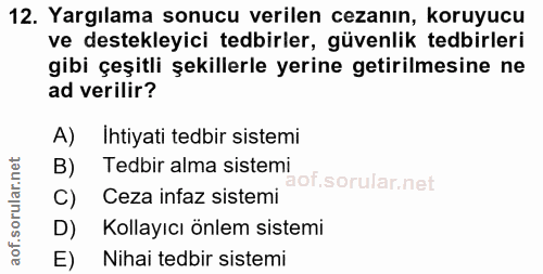 12. soru: Yargılama sonucu verilen cezanın, koruyucu ve destekleyici tedbirler, güvenlik tedbirleri gibi çeşitli şekillerle yer…
