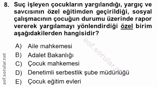 8. soru: Suç işleyen çocukların yargılandığı, yargıç ve savcısının özel eğitimden geçirildiği, sosyal çalışmacının çocuğun dur…