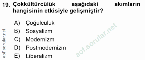 19. soru: Çokkültürcülük aşağıdaki akımların hangisinin etkisiyle gelişmiştir? A) Çoğulculuk B) Sosyalizm C) Modernizm D) Postm…