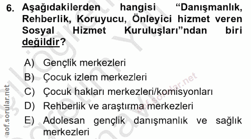 6. soru: Aşağıdakilerden hangisi "Danışmanlık, Rehberlik, Koruyucu, Onleyici hizmet veren Sosyal Hizmet Kuruluşları"ndan biri…