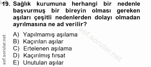 19. soru: Sağlık kurumuna herhangi bir nedenle başvurmuş bir bireyin olması gereken aşıları çeşitli nedenlerden dolayı olmadan…