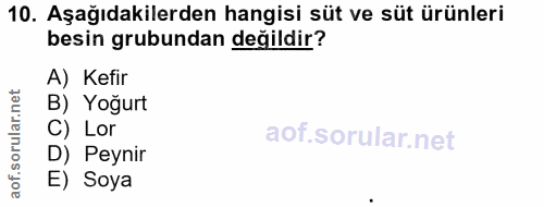 10. soru: Aşağıdakilerden hangisi süt ve süt ürünleri besin grubundan değildir? A) Kefir B) Yoğurt C) Lor D) Peynir of. E) Soya