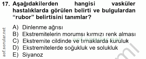 17. soru: Aşağıdakilerden hangisi vasküler hastalıklarda görülen belirti ve bulgulardan "rubor" belirtisini tanımlar? A) Dinlen…