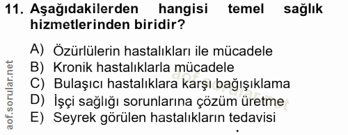 11. soru: Aşağıdakilerden hangisi temel sağlık hizmetlerinden biridir? A) Özürlülerin hastalıkları ile mücadele B) Kronik hasta…
