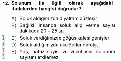 12. soru: Solunum ile ilgili olarak aşağıdaki ifadelerden hangisi doğrudur? A) Soluk aldığımızda diyafram düzleşir. B) Sağlıklı…