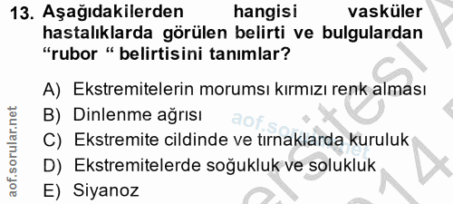 13. soru: Aşağıdakilerden hangisi vasküler hastalıklarda görülen belirti ve bulgulardan "rubor " belirtisini tanımlar? A) Ekstr…