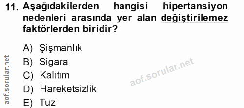 11. soru: Aşağıdakilerden hangisi hipertansiyon nedenieri arasında yer alan değiştirilemez faktörlerden biridir? A) Şişmanlık B…