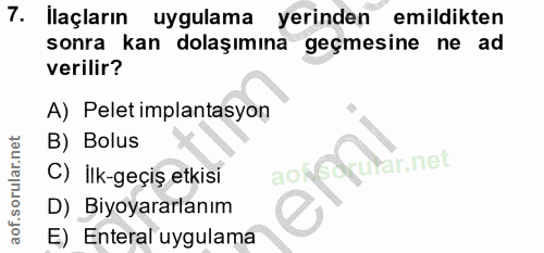 7. soru: İlaçların uygulama yerinden emildikten sonra kan dolaşımına geçmesine ne ad verilir? A) Pelet implantasyon B) Bolus C…