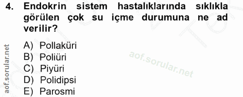 4. soru: Endokrin sistem hastalıklarında sıklıkla görülen çok su içme durumuna ne ad verilir? A) Pollaküri B) Poliüri C) Piyür…