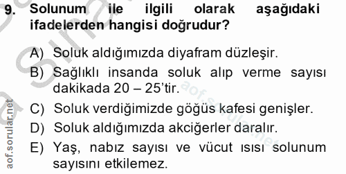 9. soru: Solunum ile ilgili olarak aşağıdaki ifadelerden hangisi doğrudur? A) Soluk aldığımızda diyafram düzleşir. B) Sağlıklı…
