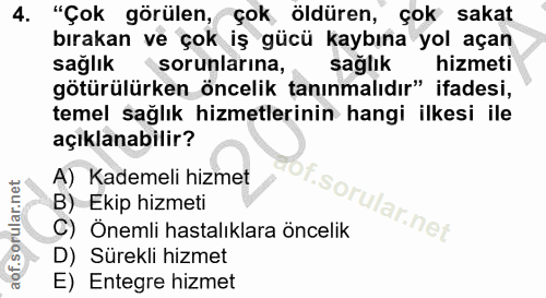 4. soru: "Çok görülen, çok öldüren, çok sakat bırakan ve çok iş gücü kaybına yol açan sağlık sorunlarına, sağlık hizmeti götür…
