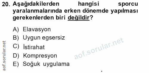 20. soru: Aşağıdakilerden hangisi sporcu yaralanmalarında erken dönemde yapılması gerekenlerden biri değildir? A) Elavasyon B)…