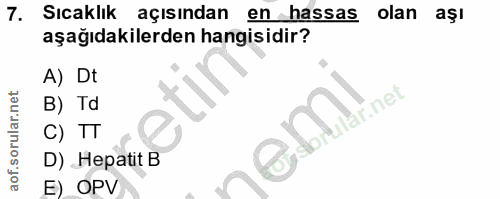 7. soru: Sıcaklık açısından en hassas olan aşı aşağıdakilerden hangisidir? A) Dt B) Td lar.net| C) TT D) Hepatit B E) OPV