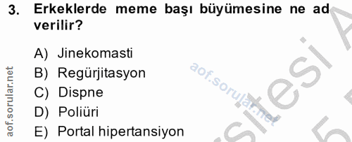3. soru: Erkeklerde meme başı büyümesine ne ad verilir? A) Jinekomasti B) Regürjitasyon lauuejnuos joe C) Dispne aof.sorujatii…