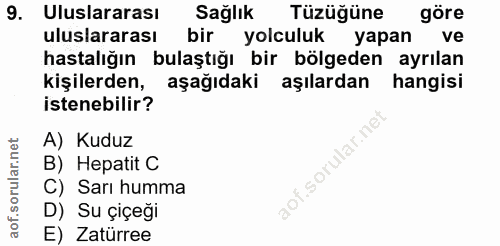9. soru: Uluslararası Sağlık Tüzüğüne göre uluslararası bir yolculuk yapan ve hastalığın bulaştığı bir bölgeden ayrılan kişile…
