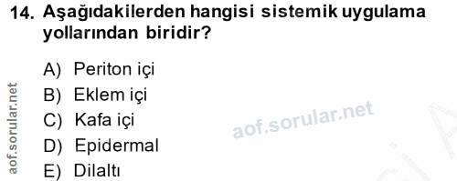 14. soru: Aşağıdakilerden hangisi sistemik uygulama yollarından biridir? A) Periton içi B) Eklem içi C) Kafa içi D) Epidermal E…