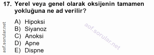 17. soru: Yerel veya genel olarak oksijenin tamamen yokluğuna ne ad verilir? A) Hipoksi B) Siyanoz C) Anoksi D) Apne E) Dispne