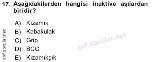 17. soru: Aşağıdakilerden hangisi inaktive aşılardan biridir? A) Kızamık B) Kabakulak C) Grip D) BCG E) Kızamıkçık