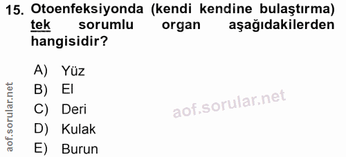 15. soru: Otoenfeksiyonda (kendi kendine bulaştırma) tek sorumlu organ aşağıdakilerden hangisidir? A) Yüz B) EI C) Deri D) Kula…