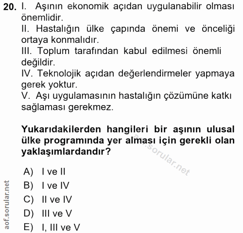 20. soru: I. Aşının ekonomik açıdan uygulanabilir olması önemlidir. II. Hastalığın ülke çapında önemi ve önceliği ortaya konmal…