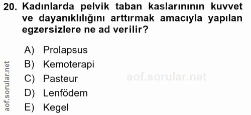 20. soru: Kadınlarda pelvik taban kaslarınının kuvvet ve dayanıklılığını arttırmak amacıyla yapılan egzersizlere ne ad verilir?…