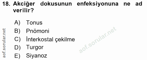 18. soru: Akciğer dokusunun enfeksiyonuna ne ad verilir? A) Tonus B) Pnömoni C) Interkostal çekilme D) Turgor E) Siyanoz