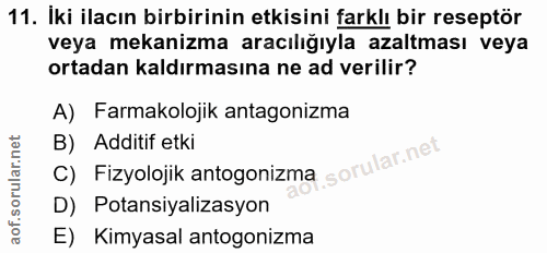 11. soru: Iki ilacın birbirinin etkisini farklı bir reseptör veya mekanizma aracılığıyla azaltması veya ortadan kaldırmasına ne…