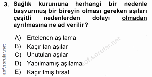 3. soru: Sağlık kurumuna herhangi bir nedenle başvurmuş bir bireyin olması gereken aşıları çeşitli nedenlerden dolayı olmadan…