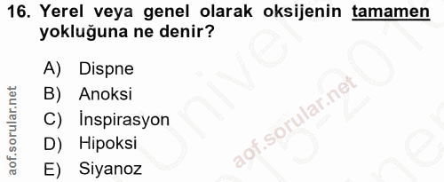 16. soru: Yerel veya genel olarak oksijenin tamamen yokluğuna ne denir? A) Dispne B) Anoksi lof. C) Inspirasyon D) Hipoksi E) S…