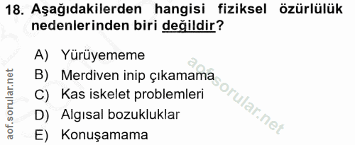 18. soru: Aşağıdakilerden hangisi fiziksel özürlülük nedenlerinden biri değildir? A) Yürüyememe B) Merdiven inip çıkamama C) Ka…