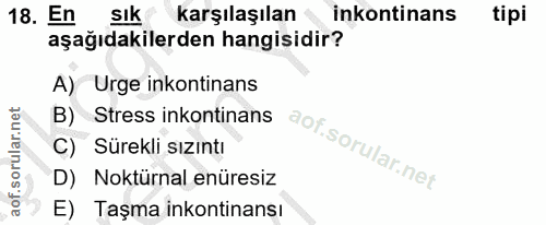 18. soru: En Sık karşılaşılan inkontinans tipi aşağıdakilerden hangisidir? A) Urge inkontinans B) Stress inkontinans C) Sürekli…