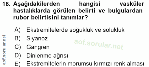 16. soru: Aşağıdakilerden hangisi vasküler hastalıklarda görülen belirti ve bulgulardan rubor belirtisini tanımlar? A) Ekstremi…