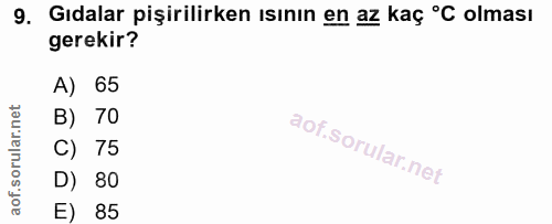9. soru: Gıdalar pişirilirken ısının en az kaç °C olması gerekir? A) 65 B) 70 C) 75 D) 80 E) 85