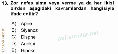 13. soru: Zor nefes alma veya verme ya da her ikisi birden aşağıdaki kavramlardan hangisiyle ifade edilir? A) Apne B) Siyanoz C…