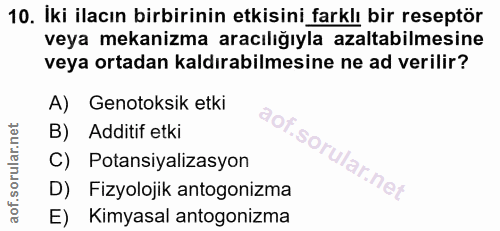 10. soru: İki ilacın birbirinin etkisini farklı bir reseptör veya mekanizma aracılığıyla azaltabilmesine veya ortadan kaldırabi…
