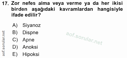 17. soru: Zor nefes alma veya verme ya da her ikisi birden aşağıdaki kavramlardan hangisiyle ifade edilir? A) Siyanoz B) Dispne…