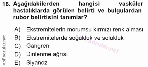 16. soru: Aşağıdakilerden hangisi vasküler hastalıklarda görülen belirti ve bulgulardan rubor belirtisini tanımlar? A) Ekstremi…