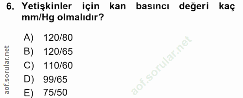 6. soru: Yetişkinler için kan basıncı değeri kaç mm/Hg olmalıdır? A) 120/80 B) 120/65 C) 110/60 D) 99/65 E) 75/50