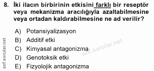 8. soru: İki ilacın birbirinin etkisini farklı bir reseptör veya mekanizma aracılığıyla azaltabilmesine veya ortadan kaldırabi…