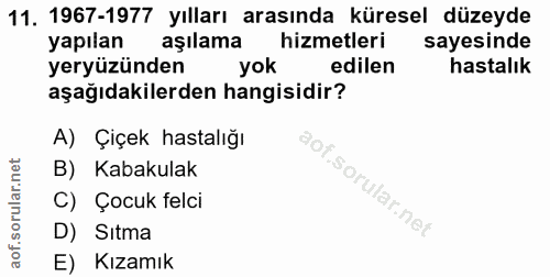 11. soru: 1967-1977 yılları arasında küresel düzeyde yapılan aşılama hizmetleri sayesinde yeryüzünden yok edilen hastalık aşağı…