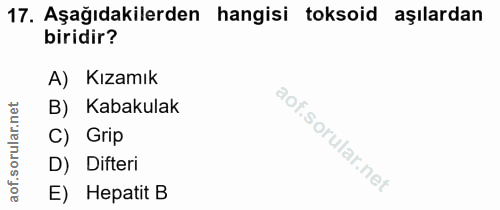 17. soru: Aşağıdakilerden hangisi toksoid aşılardan biridir? A) Kızamık B) Kabakulak lar. C) Grip D) Difteri aof. E) Hepatit B