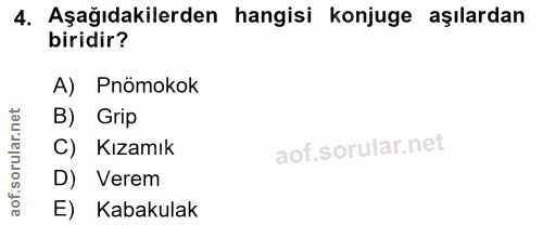 4. soru: Aşağıdakilerden hangisi konjuge aşılardan biridir? A) Pnömokok rular.net B) Grip C) Kızamık D) Verem aof. E) Kabakulak