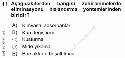 11. soru: Aşağıdakilerden hangisi zehirlenmelerde eliminasyonu hızlandırma yöntemlerinden biridir? A) Kimyasal adsorbanlar B) K…
