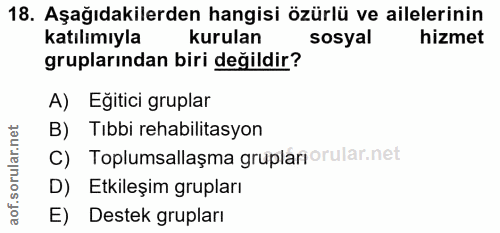 18. soru: Aşağıdakilerden hangisi özürlü ve ailelerinin katılımıyla kurulan sosyal hizmet gruplarından biri değildir? A) Eğitic…