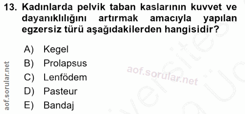 13. soru: Kadınlarda pelvik taban kaslarının kuvvet ve dayanıklılığını artırmak amacıyla yapılan egzersiz türü aşağıdakilerden…