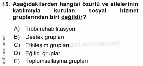 15. soru: Aşağıdakilerden hangisi özürlü ve ailelerinin katılımıyla kurulan sosyal hizmet gruplarından biri değildir? A) Tıbbi…
