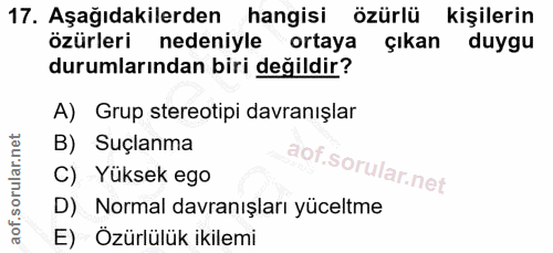 17. soru: Aşağıdakilerden hangisi özürlü kişilerin özürleri nedeniyle ortaya çıkan duygu durumlarından biri değildir? A) Grup s…