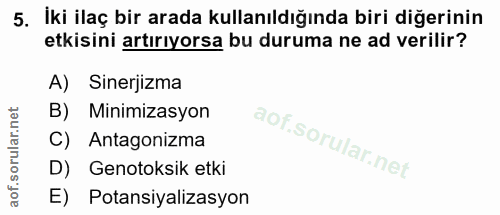 5. soru: İki ilaç bir arada kullanıldığında biri diğerinin etkisini artırıyorsa bu duruma ne ad verilir? A) Sinerjizma B) Mini…