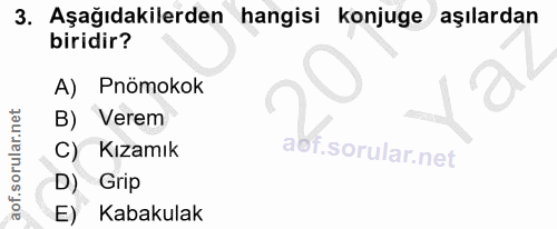 3. soru: Aşağıdakilerden hangisi konjuge aşılardan biridir? A) Pnömokok B) Verem C) Kızamık D) Grip E) Kabakulak